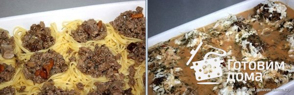 Запеченные под сыром гнезда-спагетти с фаршем и грибами фото к рецепту 2