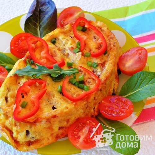 Куриная печень с помидорами  в омлете