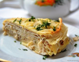 Блинный пирог с курицей и грибами