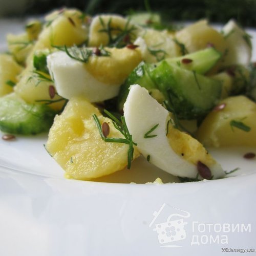 Теплый салат со свежим огурцом, картофелем и яйцом
