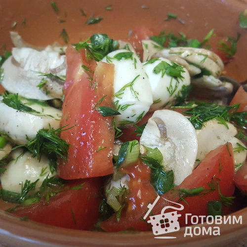 Легкий салат к ужину (помидоры, моцарелла, шампиньоны)
