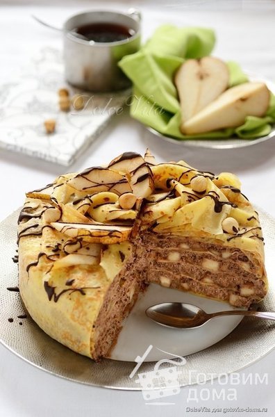 Блинный торт &quot;Соната&quot; с орехами, грушами и шоколадом фото к рецепту 13