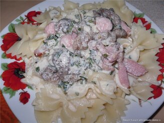 Сливочная паста с салями, грибами и чесноком