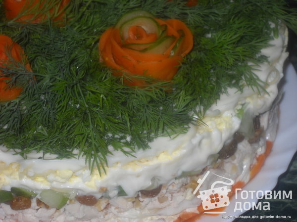 Слоёный салат с курицей, изюмом и грецкими орехами фото к рецепту 1