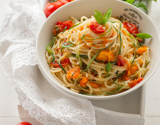 Спагетти с помидорами и "лапшой" из цуккини
