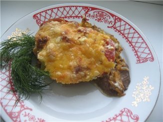 Куриная печень запеченная под пикантной "шубкой"