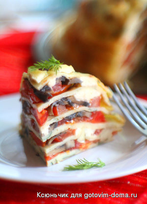 Блинный пирог с помидорами, грибами и сыром фото к рецепту 4