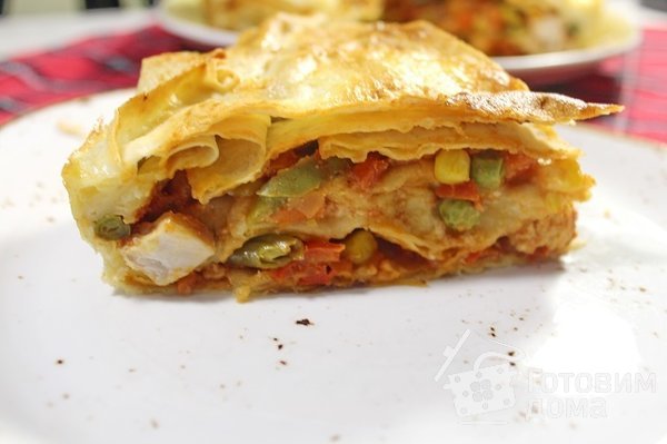 Быстрый пирог из лаваша с начинкой из куриной грудки и овощей. фото к рецепту 2
