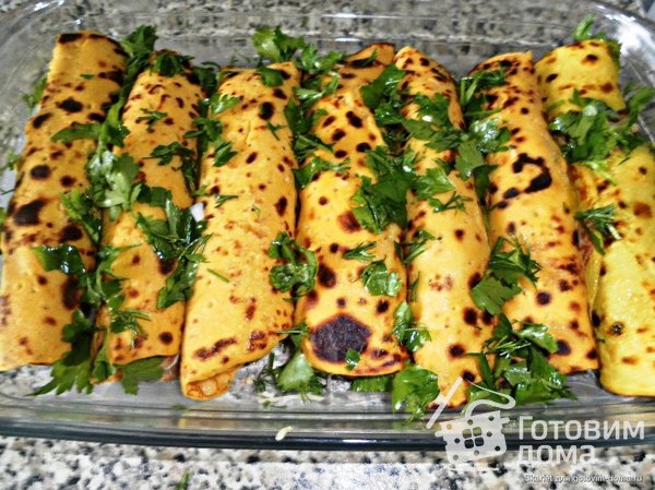 Пряные тыквенные блинчики с мясом и грибами фото к рецепту 3