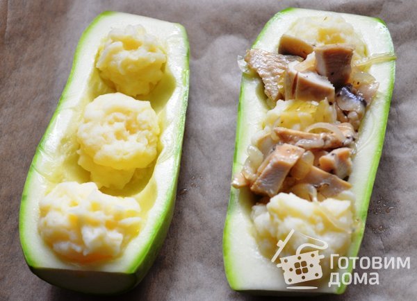 &quot;Лодочки&quot; кабачковые с картофельным пюре и курицей фото к рецепту 2