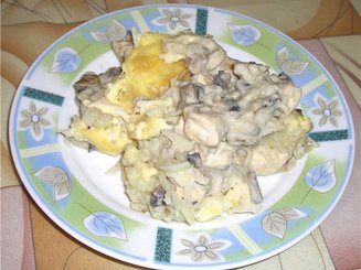 Курица с грибами запечённые под картофельной шубой