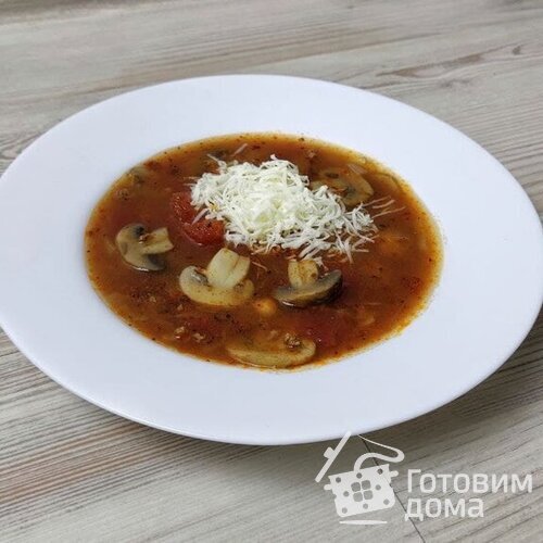 Томатный суп с мясом и грибами