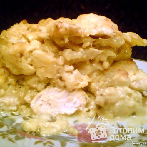 Цветная капуста, запеченная с курицей в сливочном соусе