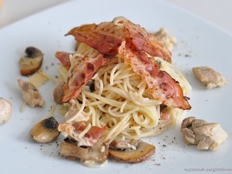 Спагетти с курицей, беконом и шампиньонами