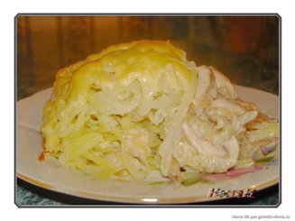 Курица с грибами запечённые под картофельной шубой
